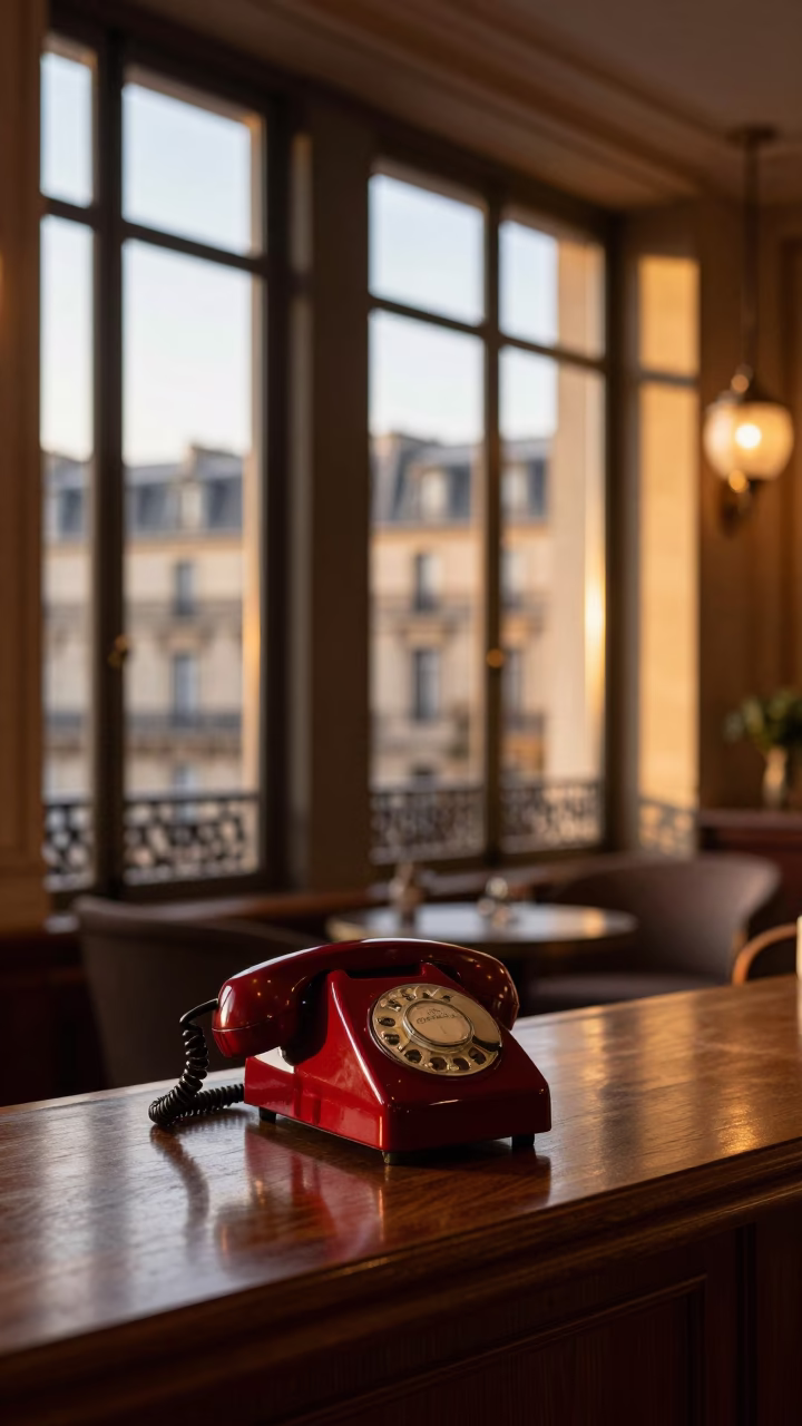 Sunset Scene in Paris France with Vintage Bakelite Telephone on Hotel Reception Desk in in Paris, France