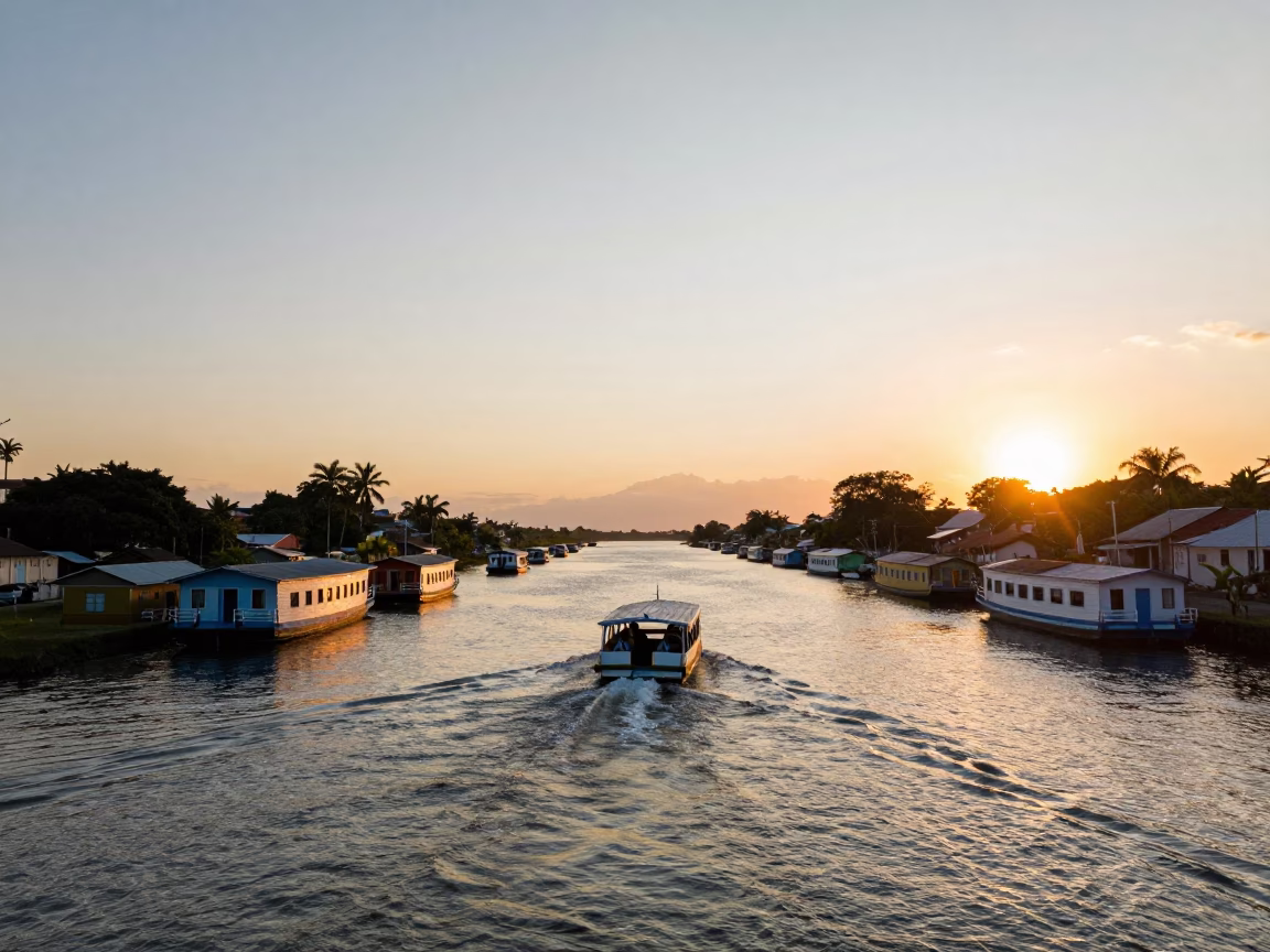 Sunset Scene in Salvador Brazil with Water Taxi and Canal Houseboats in in Salvador, Brazil