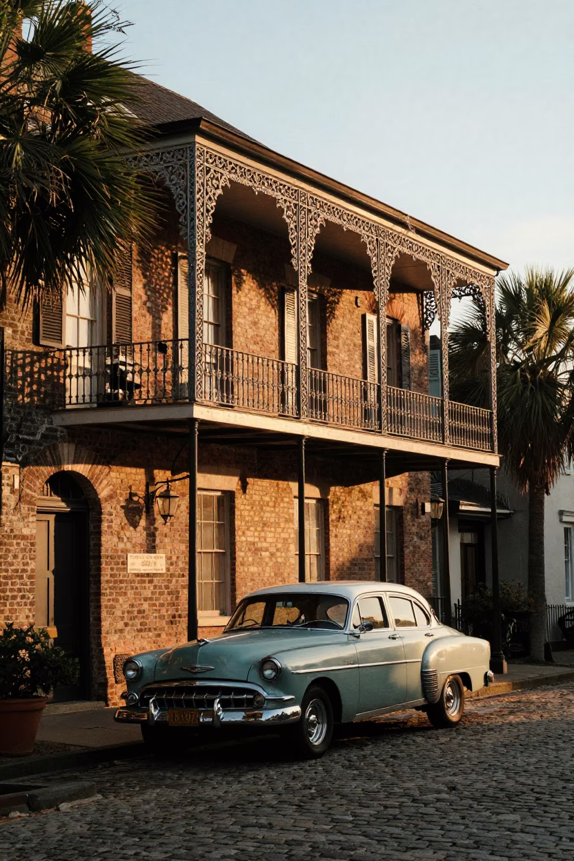 Sunset Scene of Charleston Historic District with Vintage Car and Local Architecture in in Charleston, South Carolina, United States