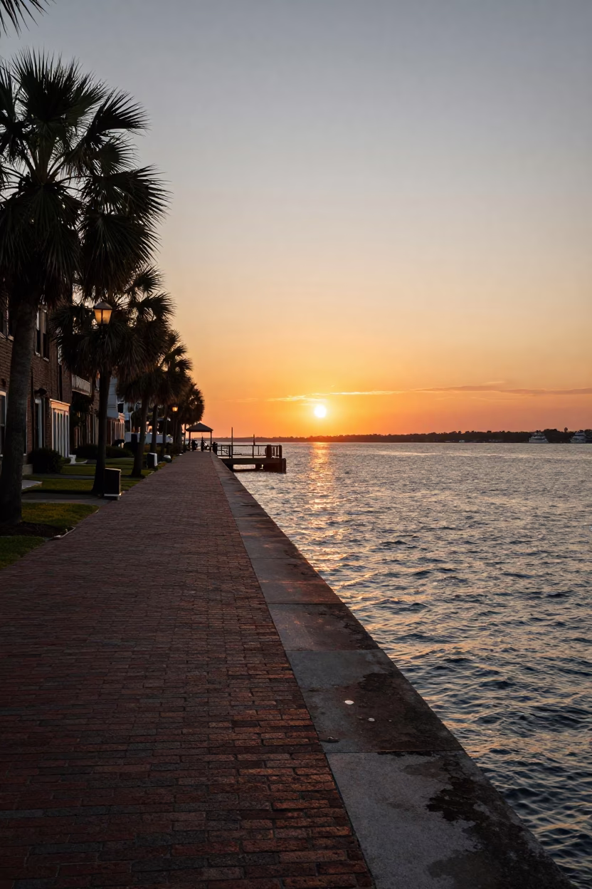Sunset Scene on Charleston Waterfront Promenade with Historic Brick and Canal Views in in Charleston, South Carolina, United States