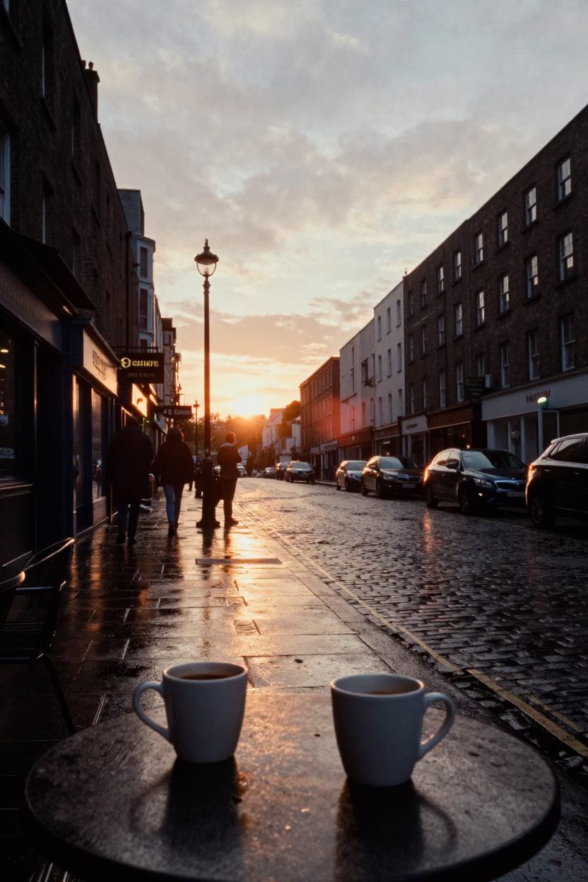 Sunset Scene on Dublin Street with Coffee Mugs and Scarf in Rain in in Dublin, Ireland