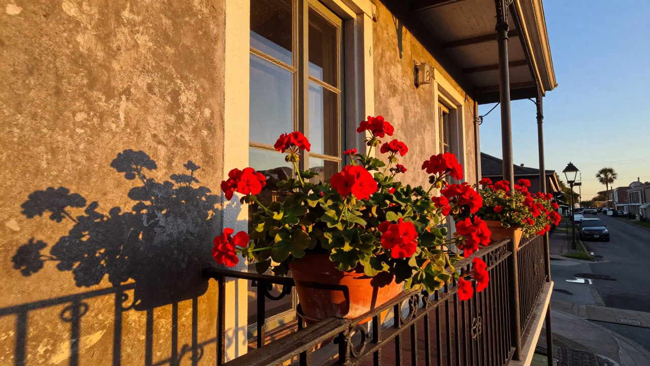Sunset Scene on New Orleans Balcony with Geraniums and Watering Can in in New Orleans, Louisiana, United States