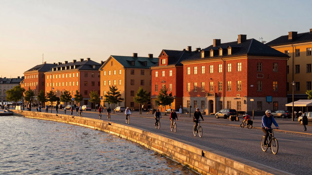 Sunset scene on Stockholm waterfront with cyclists and historic architecture in in Stockholm, Sweden