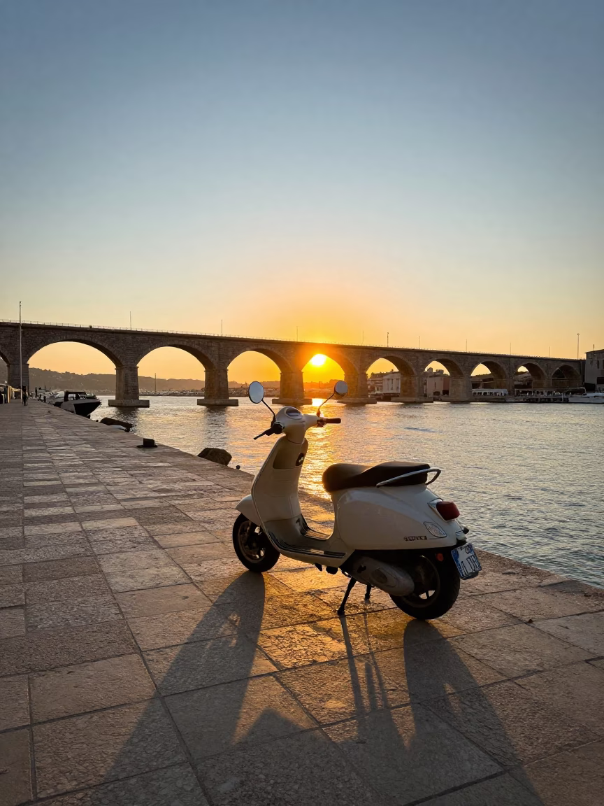 Sunset Scooter on Marseille Harbor Promenade with Viaduct Arches and Stone in in Marseille, France