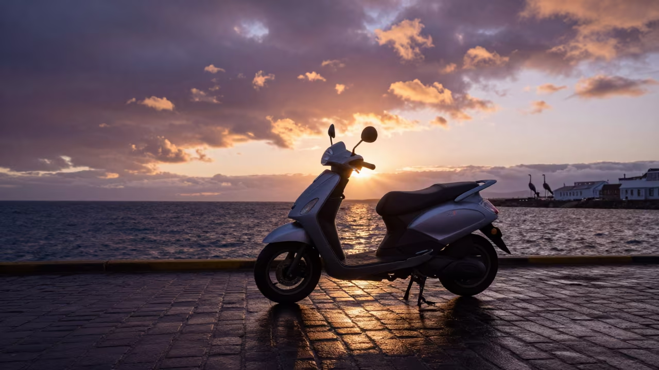 Sunset Scooter on Reykjavik Harbor Promenade in near Reykjavik