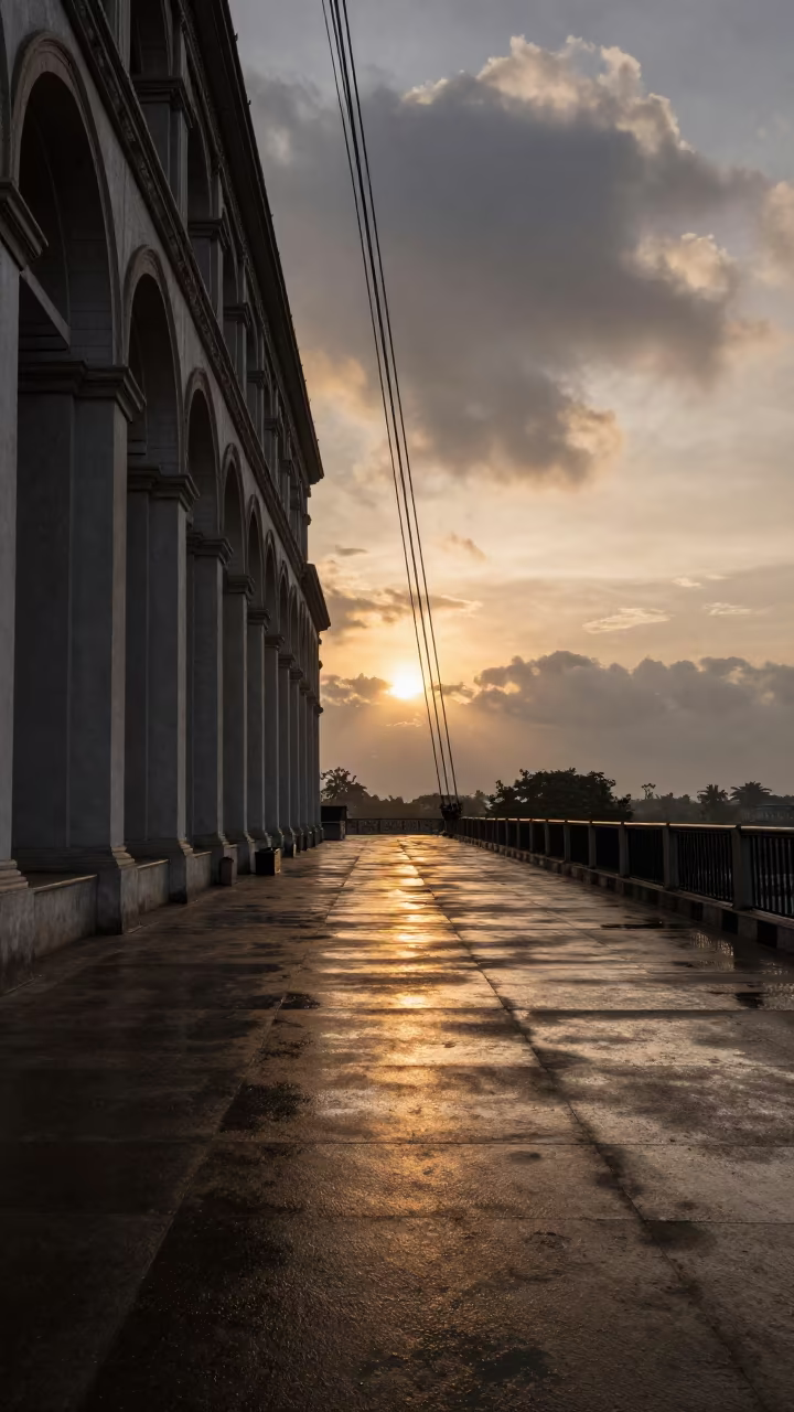 Sunset Shadows on Pakistan Bridge Deck in along a colonnaded facade in Pakistan