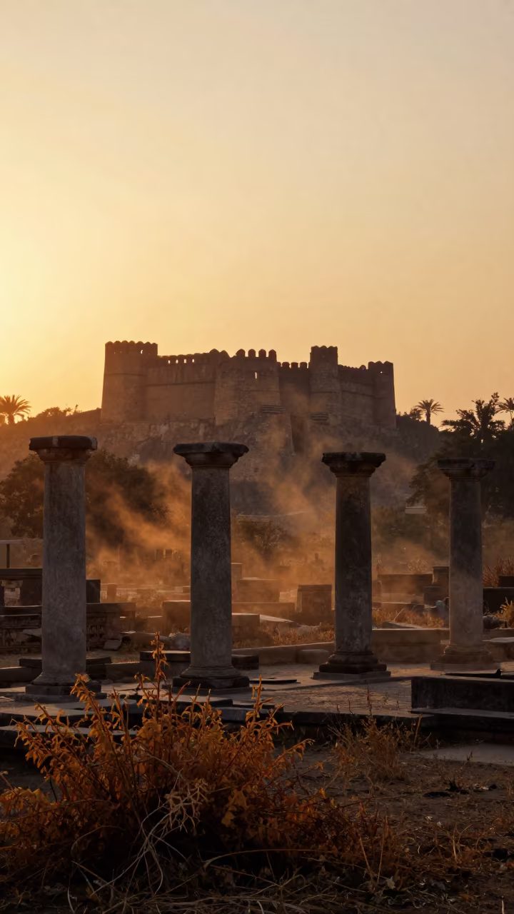 Sunset Silhouette of Castle Ruins in Pakistan in among toppled columns and nettles in Pakistan