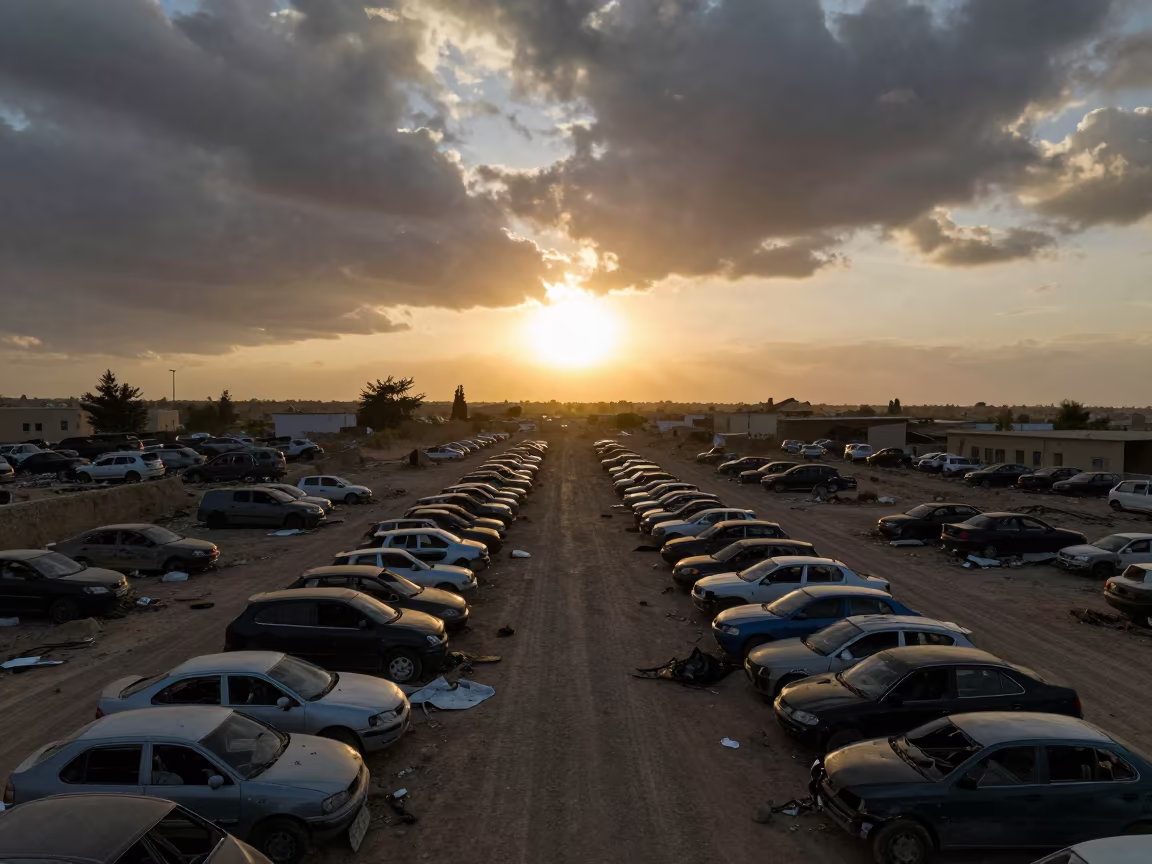 Sunset Silhouette of Crushed Cars in Junkyard in near Jisr ash-Shughur