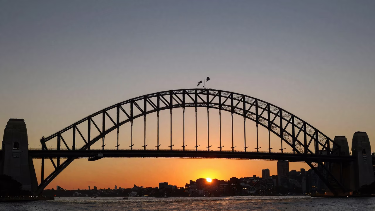 Sunset Silhouette in Sydney at As The Sun Drops Toward The Horizon in in Sydney, New South Wales, Australia