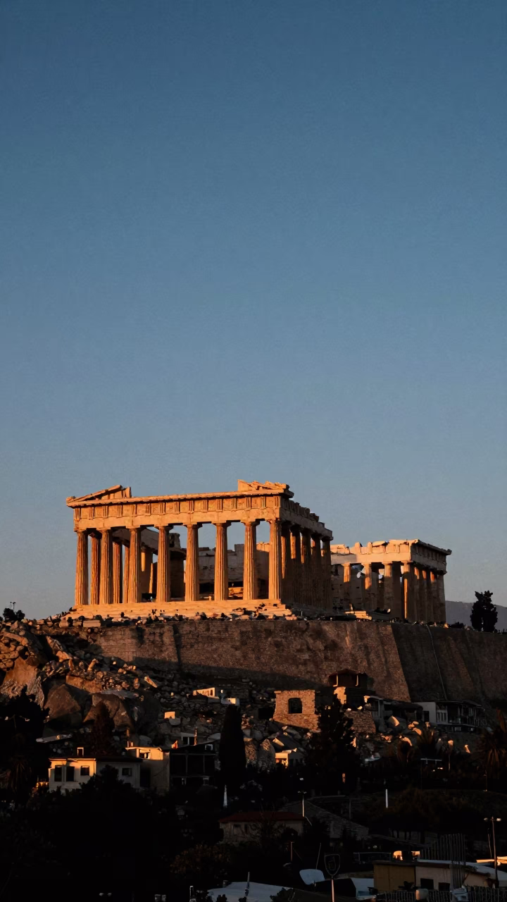Sunset Silhouette of Athens Acropolis and Ancient Ruins with Tourists in in Athens, Greece