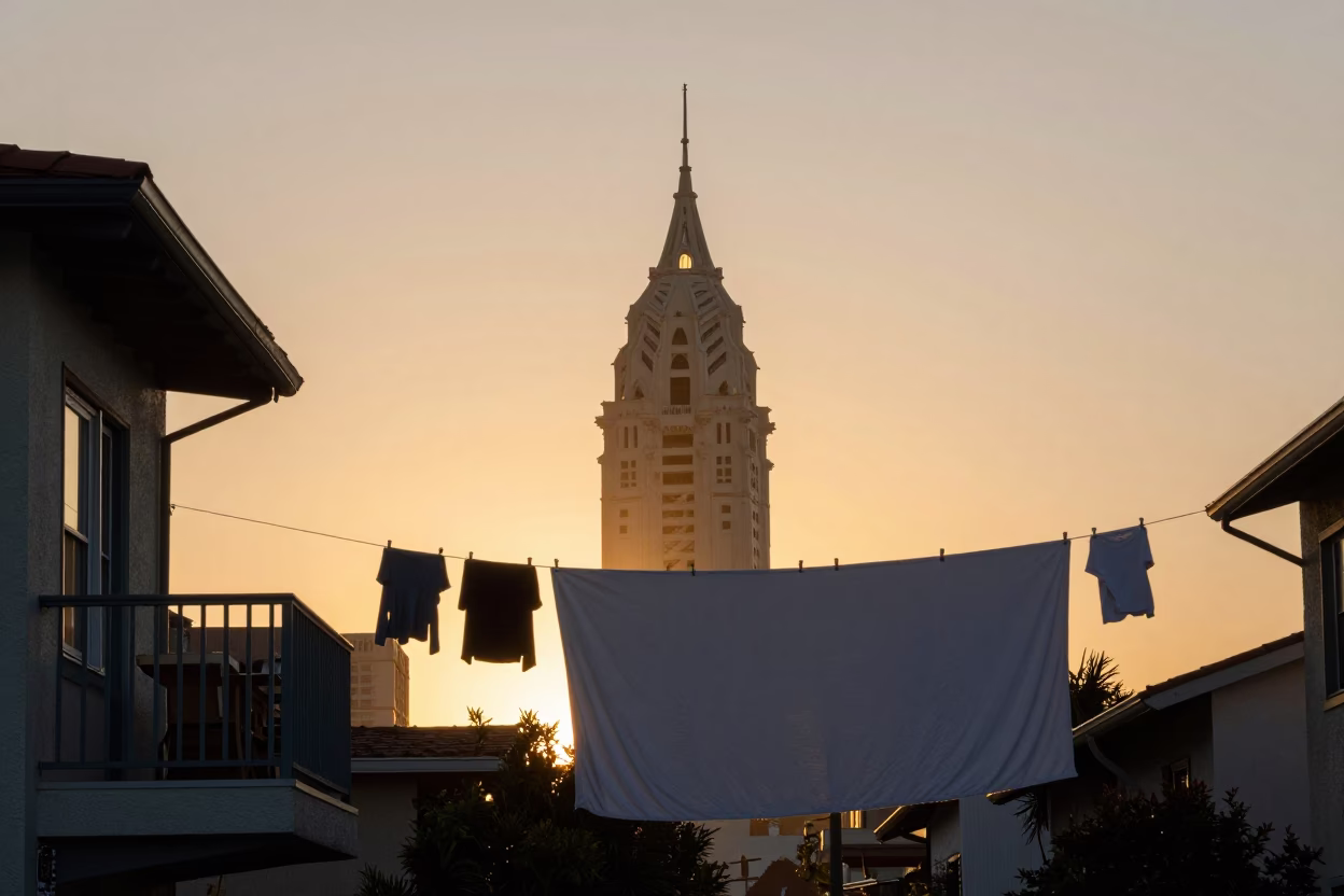 Sunset Silhouette of Balboa Park Tower with Hanging Laundry in San Diego California in in San Diego, California, United States