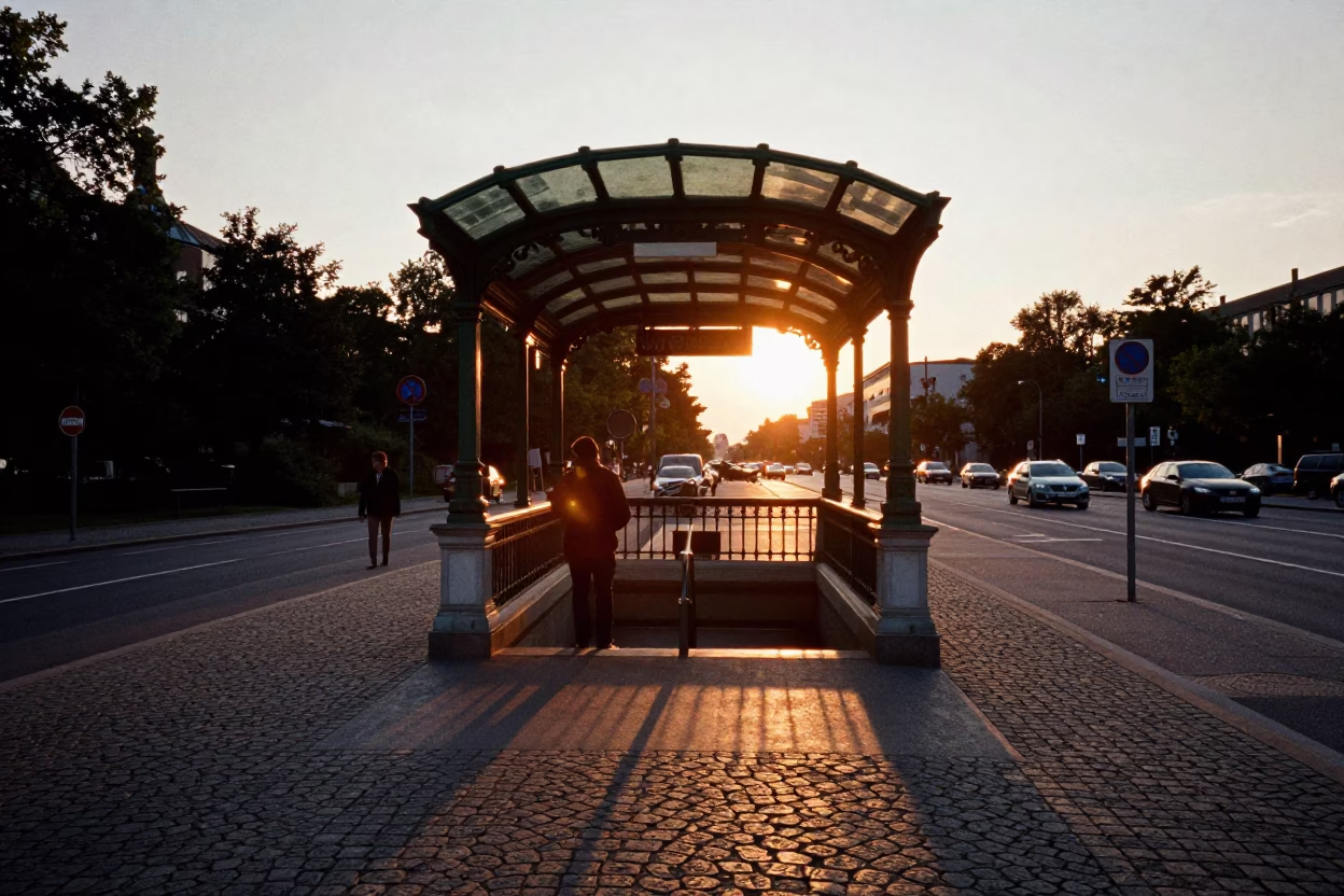 Sunset Silhouette of Berlin U-Bahn Entrance and Street Life in Germany in in Berlin, Germany