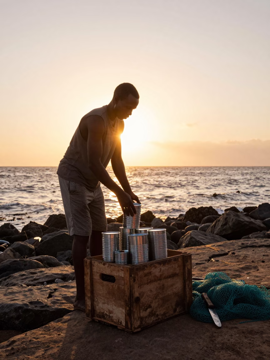 Sunset Silhouette of Dakar Fishermen Handling Coffee Tins and Fruit Knives at Atlantic Dock in in Dakar, Senegal