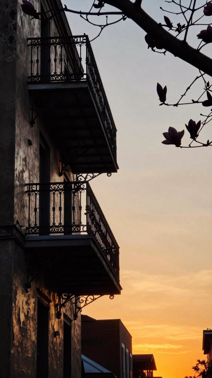 Sunset Silhouette of Iron Balconies and Magnolias in Historic French Quarter New Orleans Louisiana in in New Orleans, Louisiana, United States