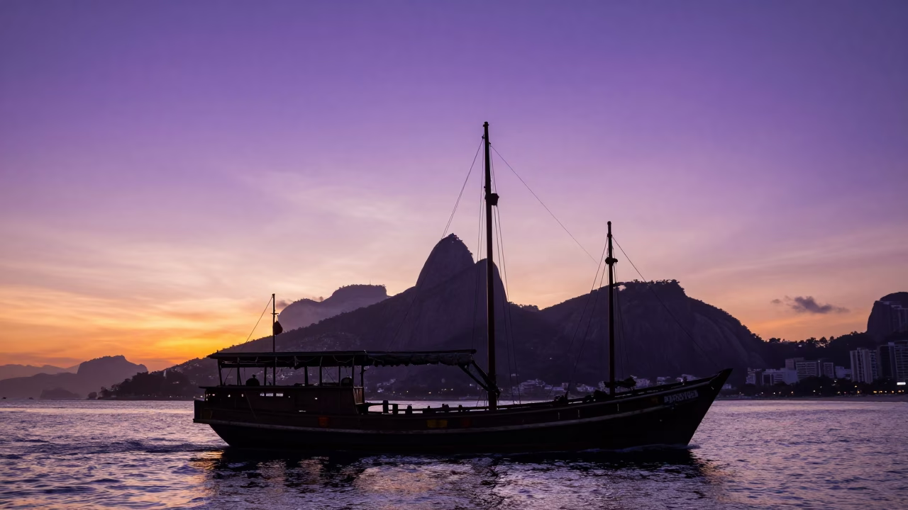 Sunset Silhouette of Junk Boat and Sugarloaf Mountain in Rio de Janeiro Brazil in in Rio de Janeiro, Brazil