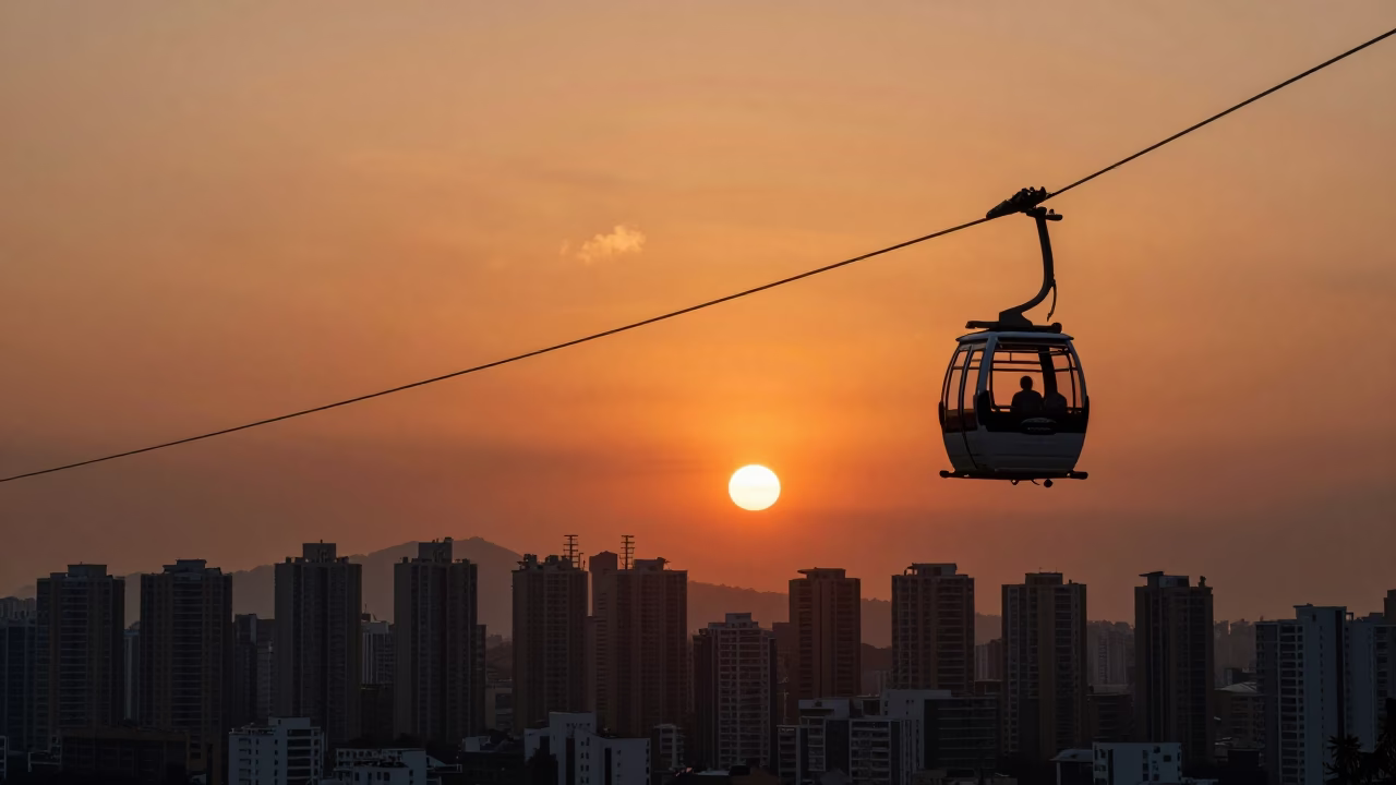 Sunset Silhouette of Kaohsiung Cable Car Against Orange Horizon in in Kaohsiung, Taiwan