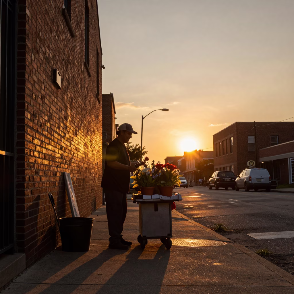 Sunset Silhouette of Philadelphia Street Vendor with Flowerpot and Tea Kettle in in Philadelphia, Pennsylvania, United States