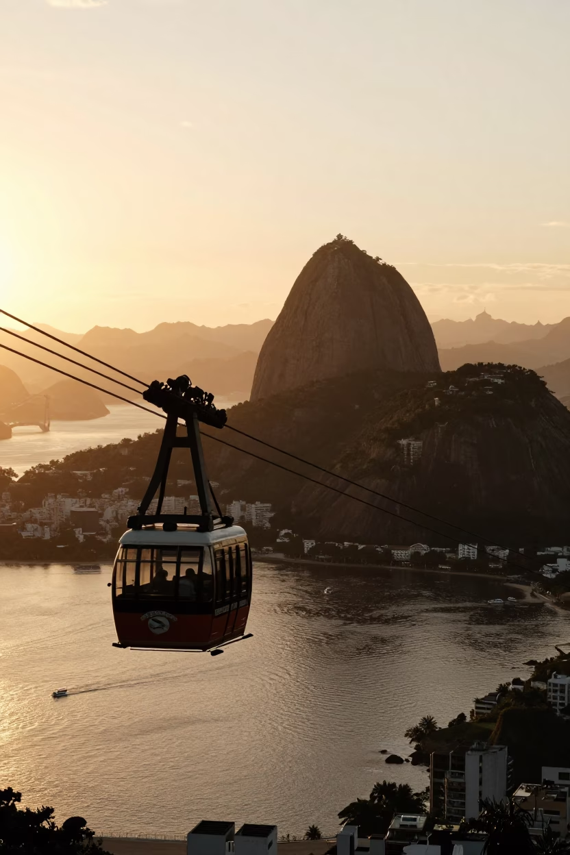 Sunset Silhouette of Sugarloaf Mountain Cable Car Over Rio De Janeiro Bay in in Rio de Janeiro, Brazil