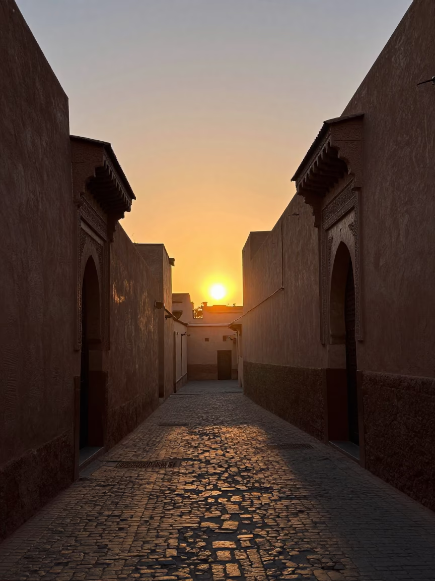 Sunset Silhouette of Traditional Fez Medina Architecture and Narrow Cobblestone Alleyway in in Fez, Morocco