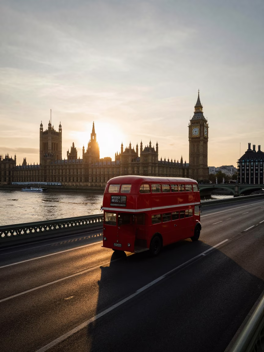Sunset silhouette of vintage red London bus on Westminster Bridge with river traffic in in London, United Kingdom