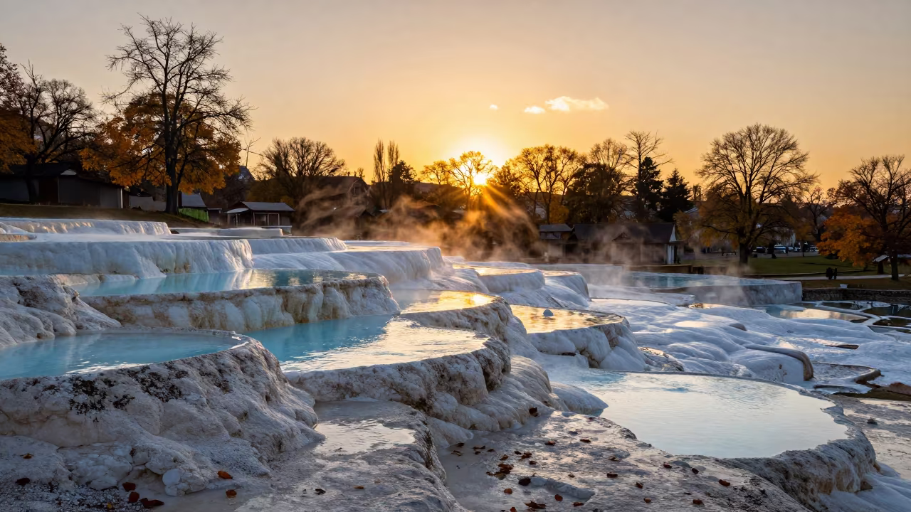 Sunset Silhouette of Travertine Terrace and Blue Pools in near The Hague