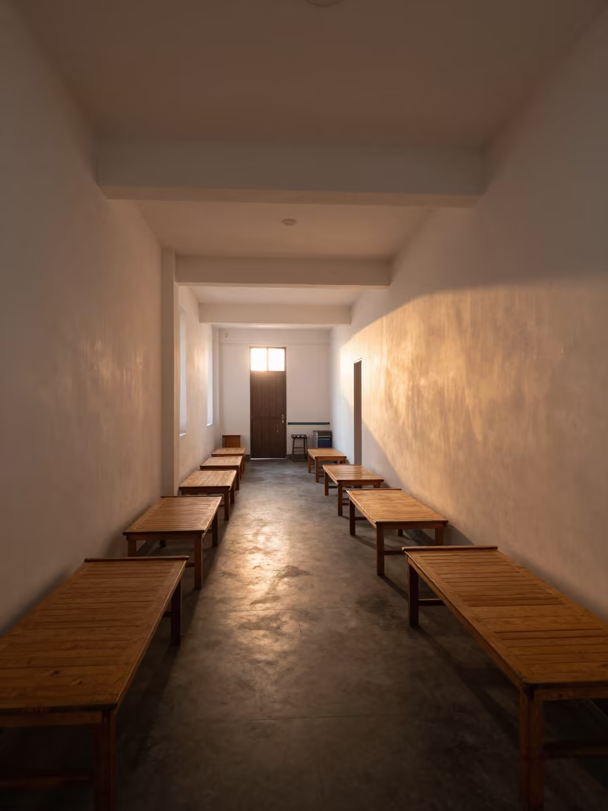 Sunset Silhouettes in Changsha Monastery Dormitory in along a monastery corridor in Changsha