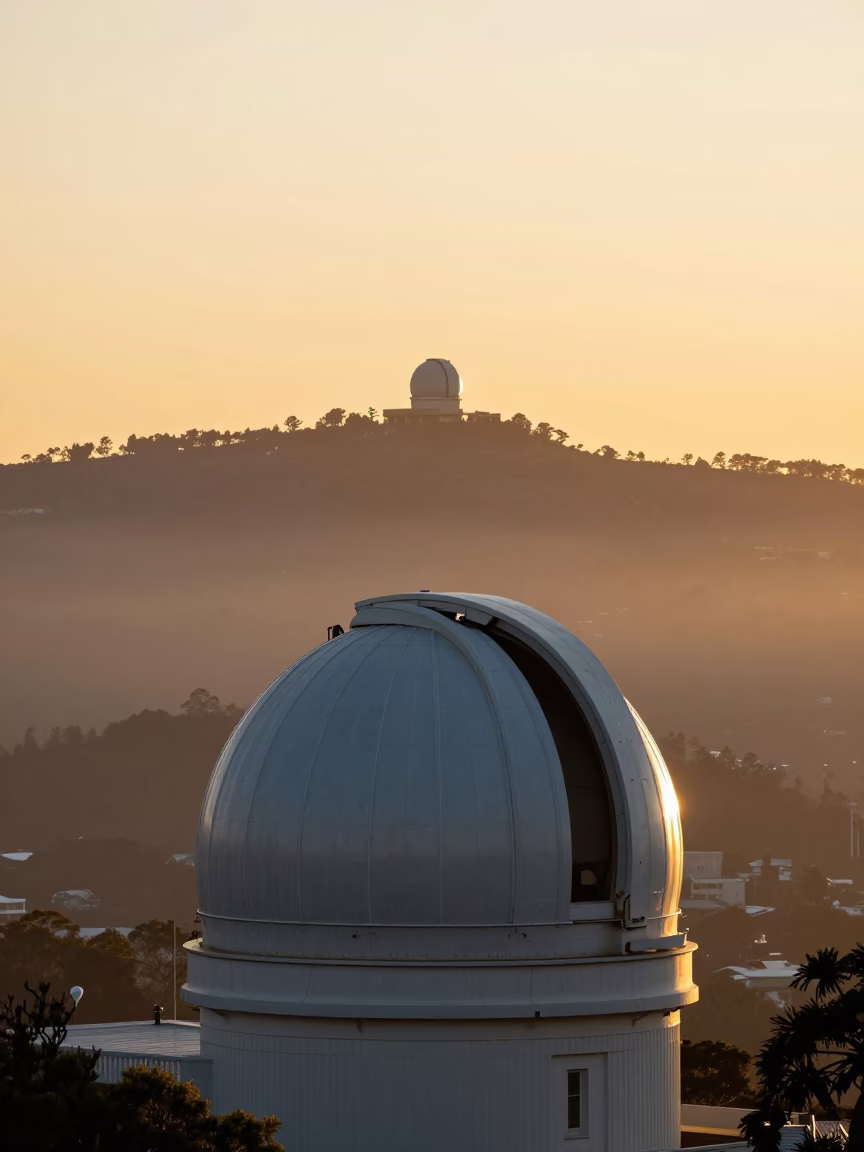 Sunset silhouettes of Hobart Mount Wellington observatory dome against evening sky in in Hobart, Tasmania, Australia
