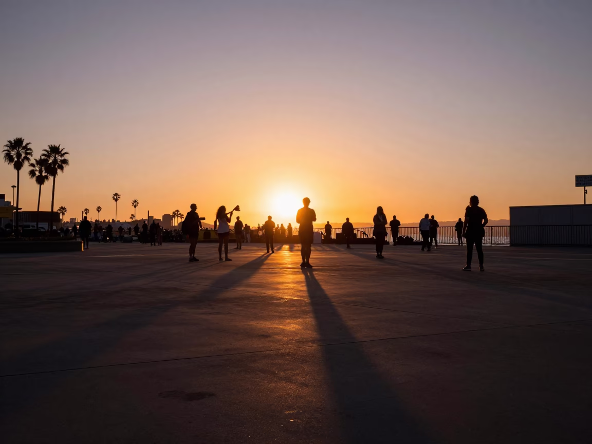 Sunset silhouettes of San Diego tourists and street performers on the Embarcadero boardwalk in in San Diego, California, United States