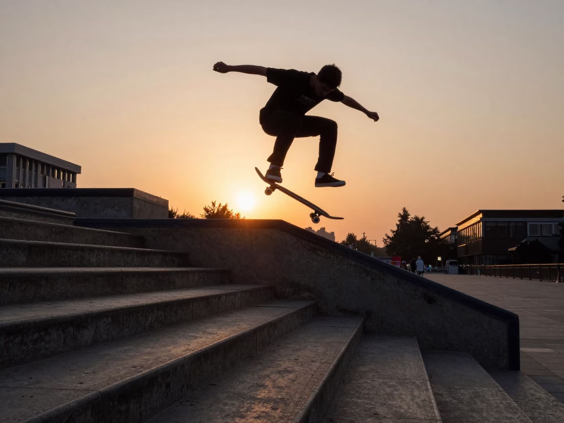 Sunset Skateboarder Kickflipping Staircase Gap in Beijing China in in Beijing, China