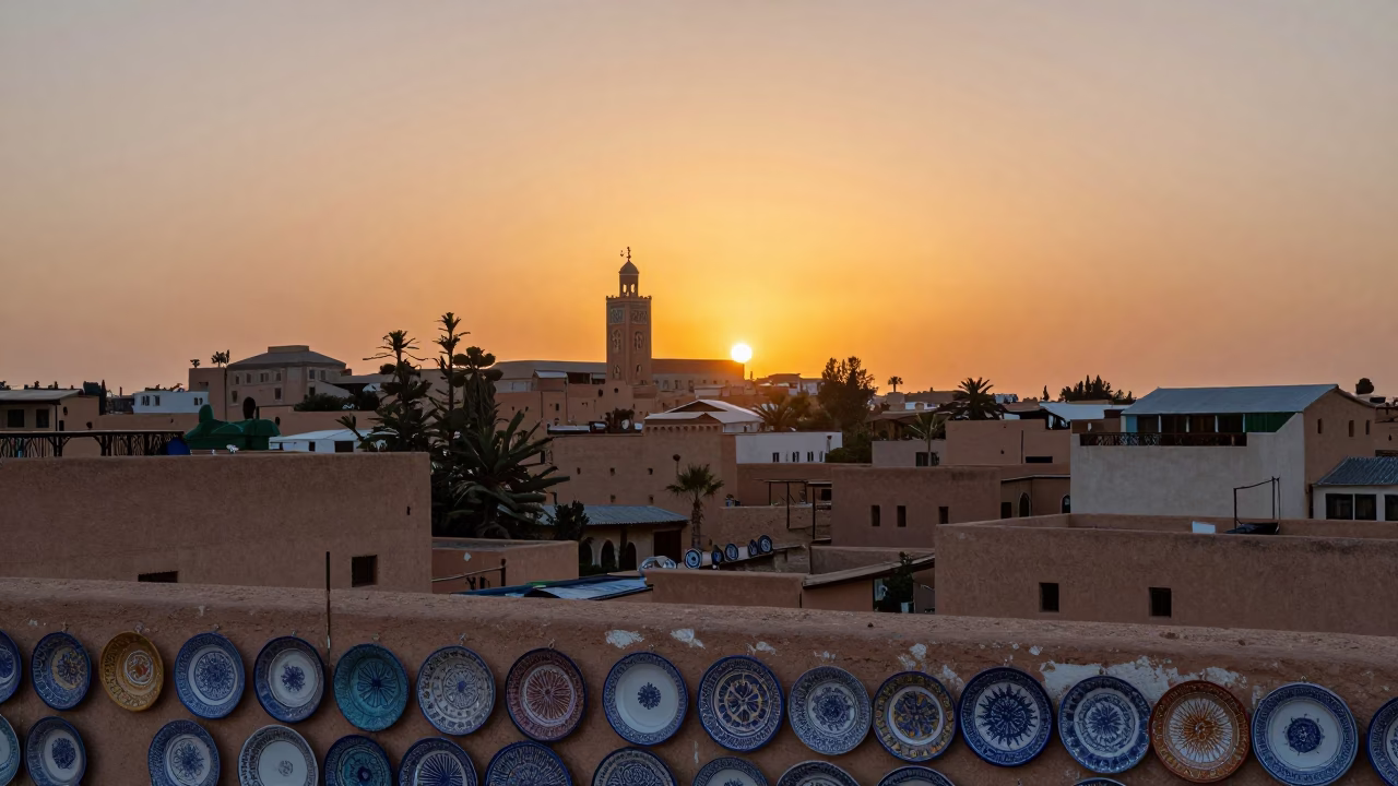 Sunset Skyline in Marrakech at Sunset Light in in Marrakech, Morocco