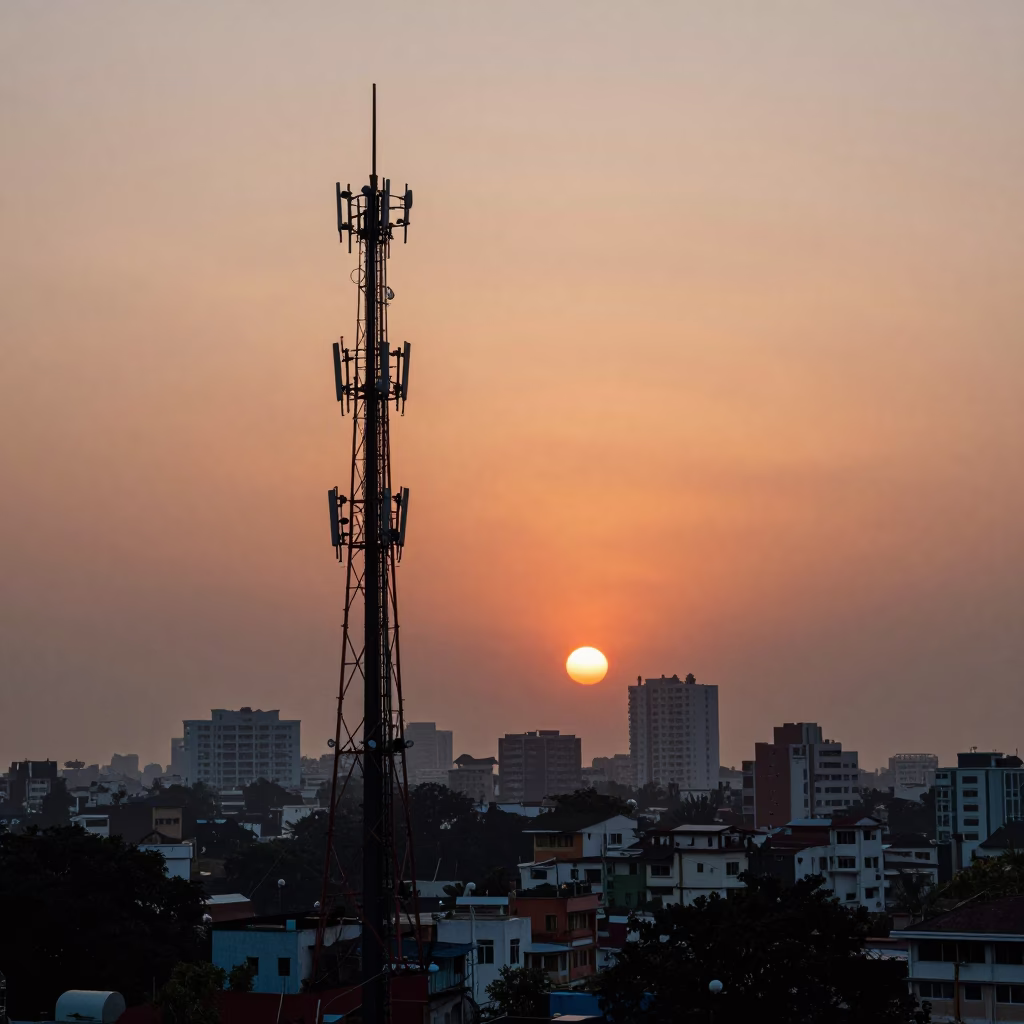 Sunset Skyline of Kolkata India with Telecommunication Mast and Urban Haze in in Kolkata, India