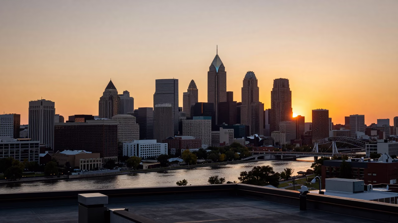 Sunset Skyline View of Philadelphia Pennsylvania from Urban Rooftop with Cityscape in in Philadelphia, Pennsylvania, United States