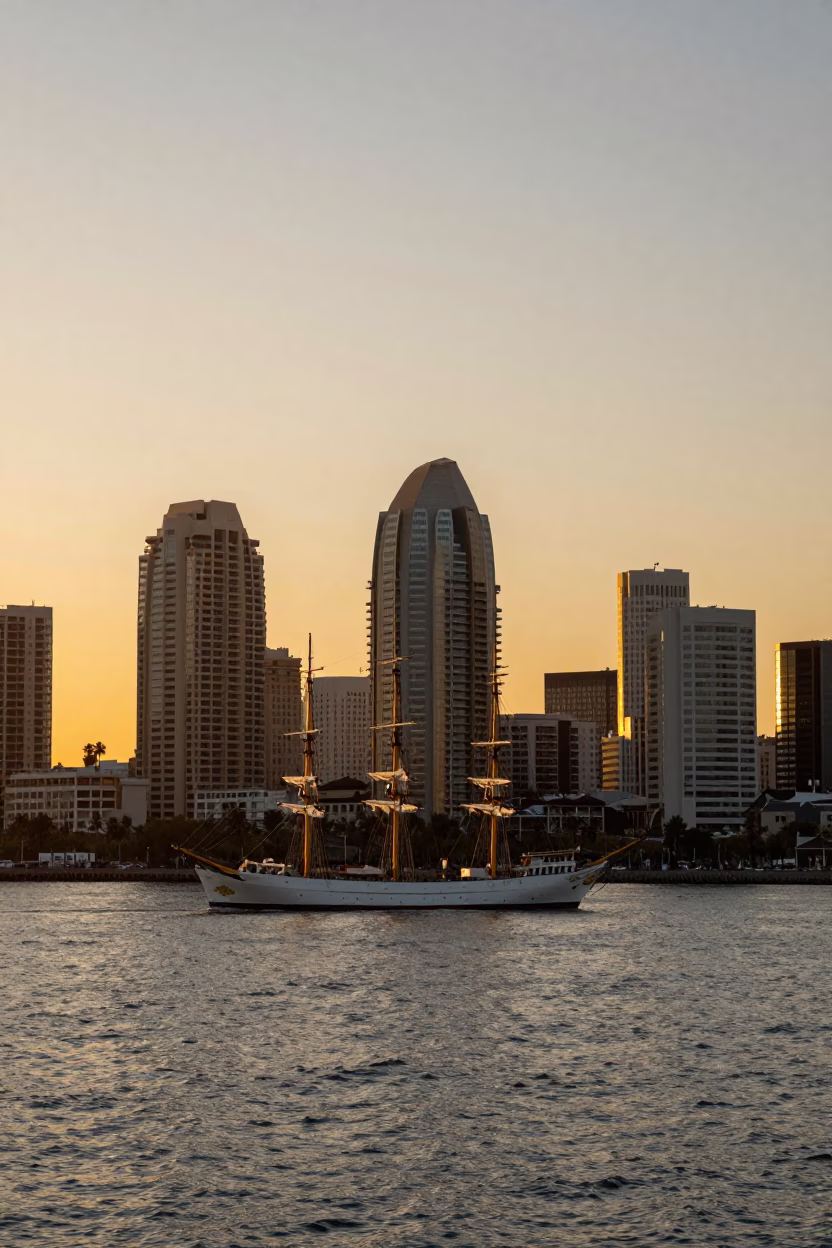 Sunset Skyline View of San Diego Bay with Tall Ship and Traffic in in San Diego, California, United States