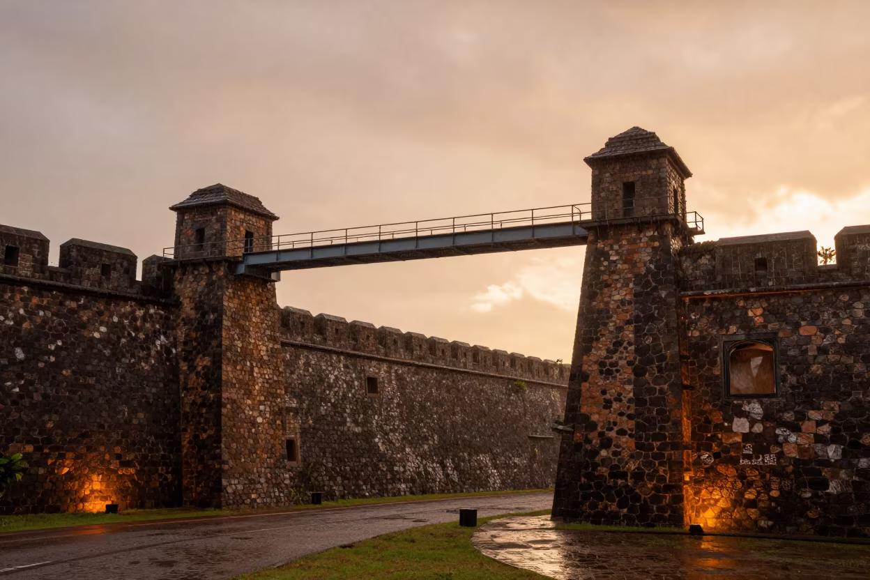 Sunset Skyway Bridge Over Wind-Scoured Brunei Fortress Wall in outside a wind-scoured fortress wall in Brunei