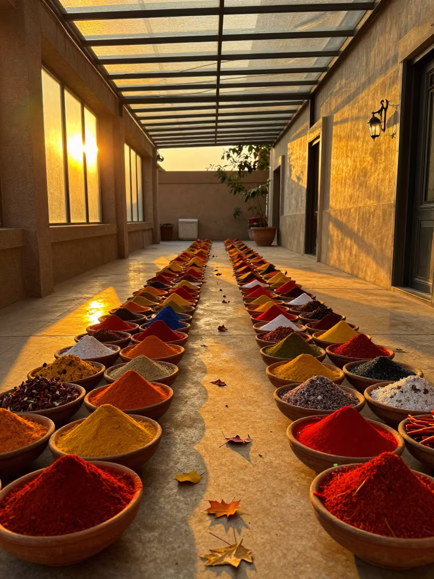 Sunset Spice Powders in Terracotta Bowls in inside a glass-roofed arcade in Jaranwala