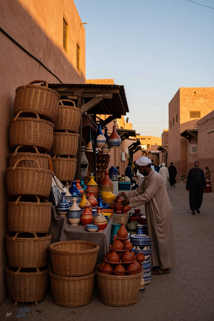 Sunset Stalls in Marrakech Medina With Wicker Hampers and Stacked Plates in in Marrakech, Morocco
