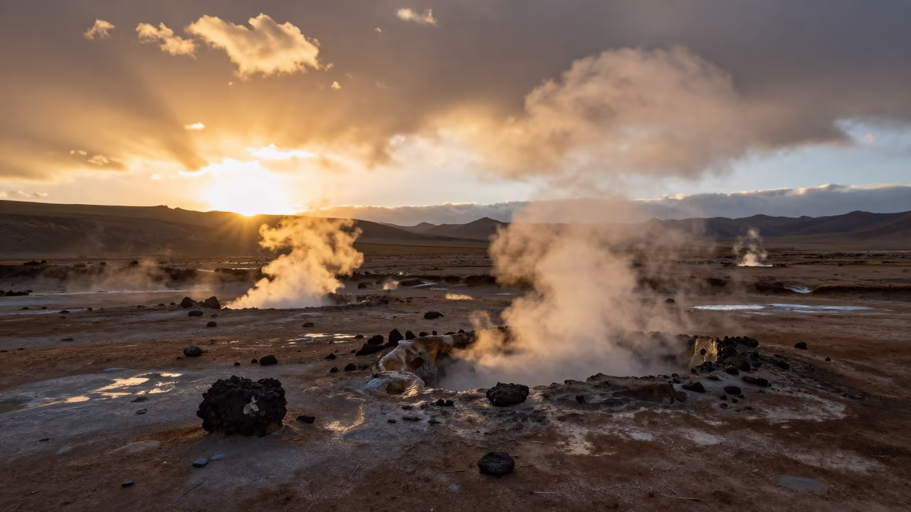 Sunset Steam Rising from Tibetan Shoreline Fumarole in along a wave-cut shoreline in Tibet