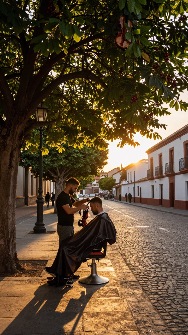 Sunset Street Barber Under Chestnut Tree in Granada Spain with Violin Case in in Granada, Spain