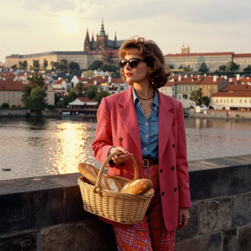 Sunset Street Fashion in Prague with Woven Bread Basket and Linen Napkin in in Prague, Czech Republic