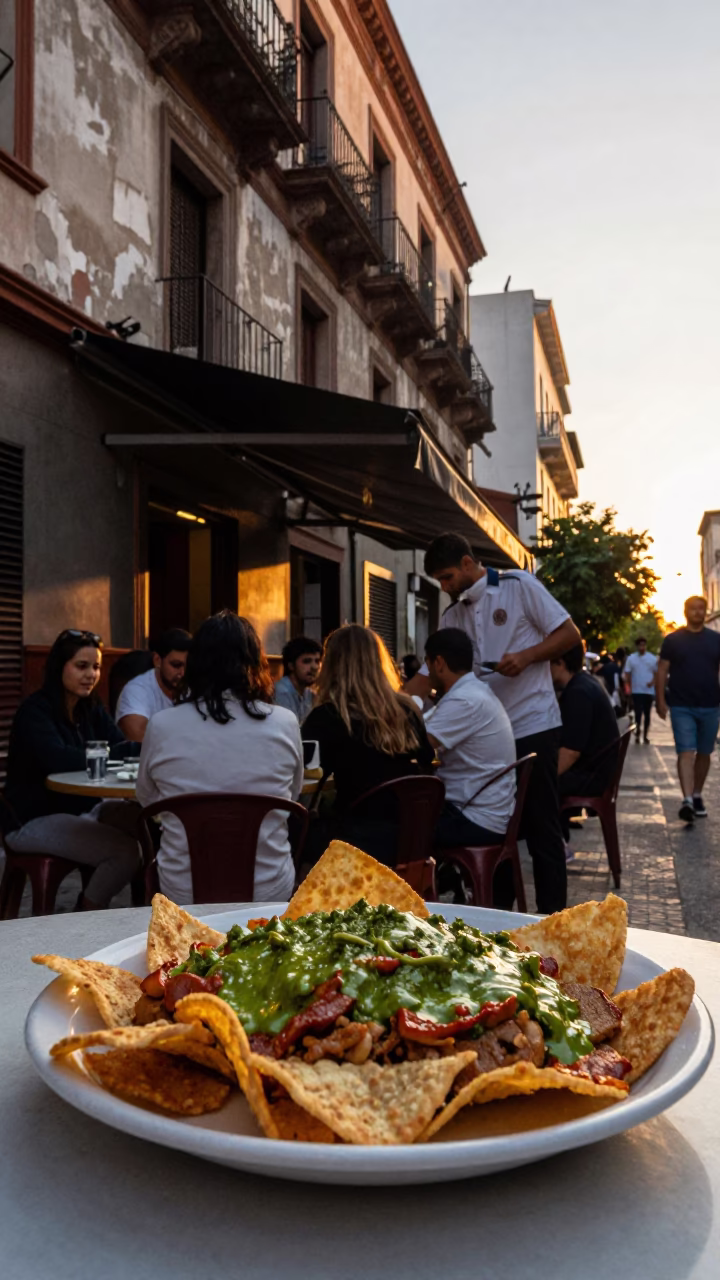 Sunset Street Food Scene in Buenos Aires Argentina with Chilaquiles Plate in in Buenos Aires, Argentina