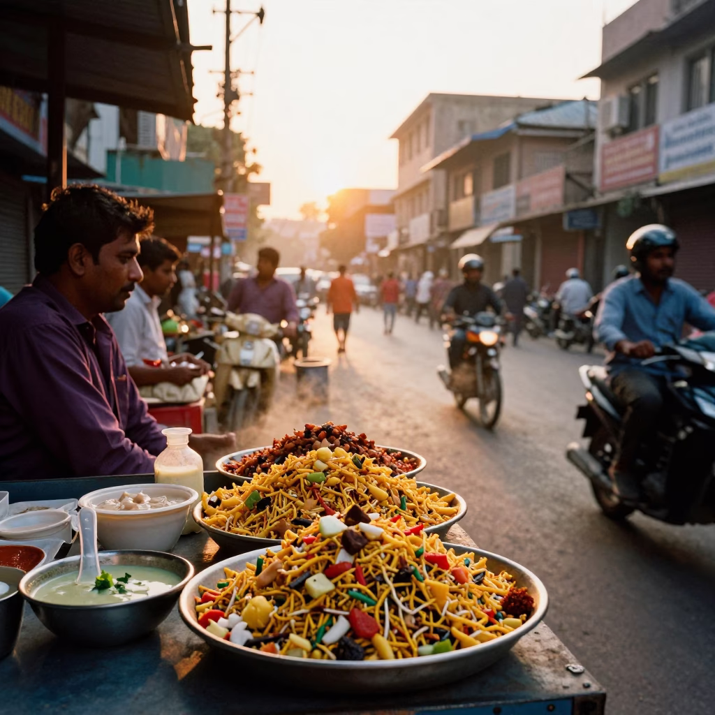 Sunset Street Food Scene in Delhi India with Chaat and Local Life in in Delhi, India