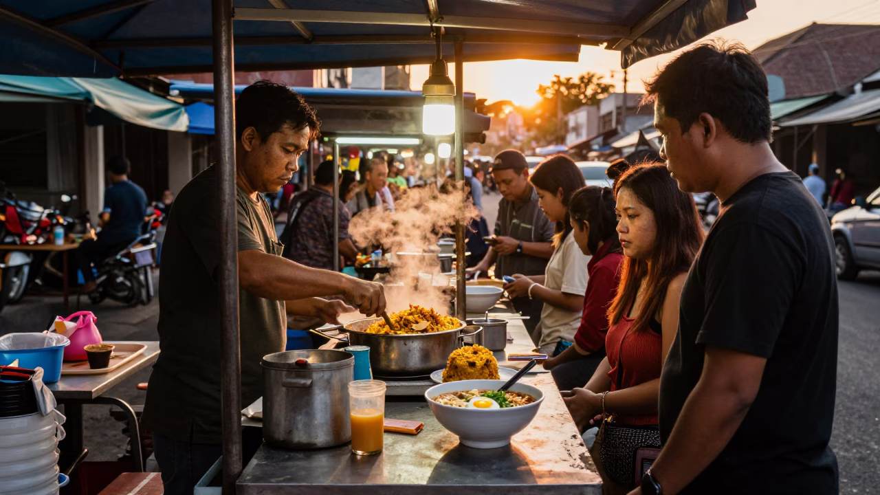 Sunset street food scene in Denpasar Indonesia with nasi goreng and soft boiled egg in in Denpasar, Indonesia