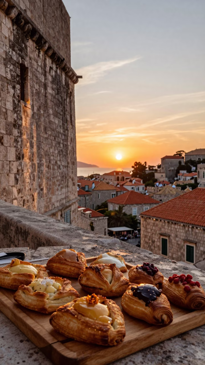 Sunset Street Food Scene in Dubrovnik Old Town with Pastries and Stone Architecture in in Dubrovnik, Croatia