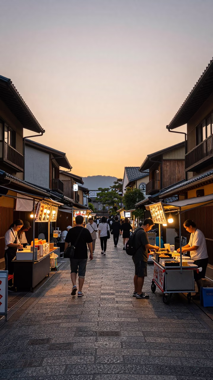 Sunset street food scene in Fukuoka Japan with local vendors and customers in in Fukuoka, Japan