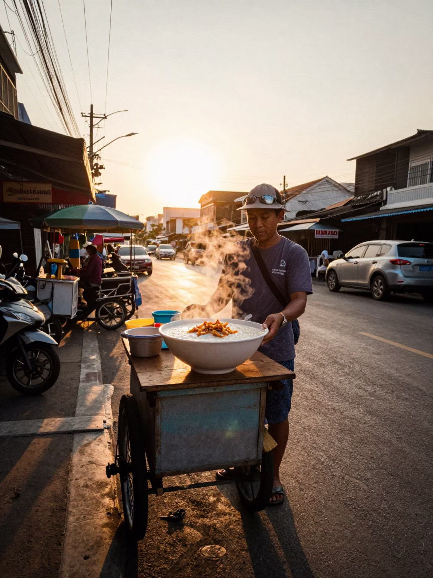 Sunset Street Food Scene in Phuket Thailand with Bowl of Congee and Crispy Shallots in in Phuket, Thailand