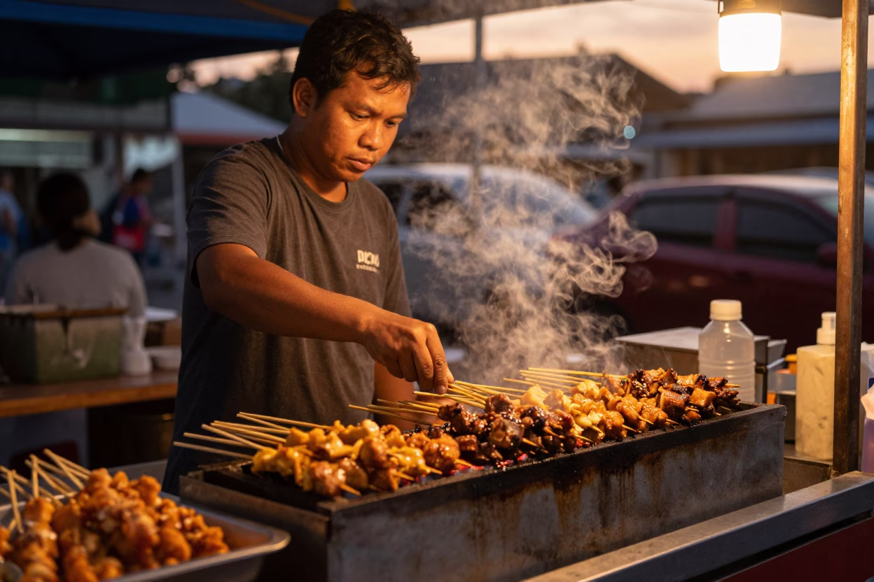 Sunset Street Food Scene in Phuket Thailand with Sate Skewers and Local Market Activity in in Phuket, Thailand