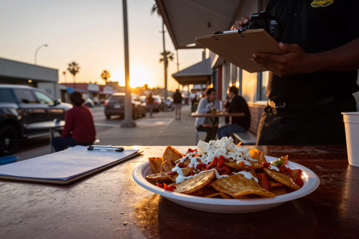 Sunset Street Food Scene in San Diego with Plate of Chilaquiles and Clipboard in in San Diego, California, United States