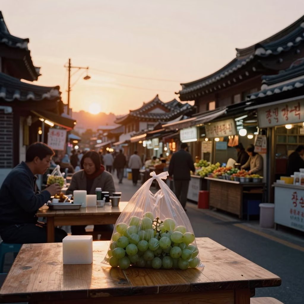 Sunset street food scene in Seoul with grapes and soap residue on table in in Seoul, South Korea