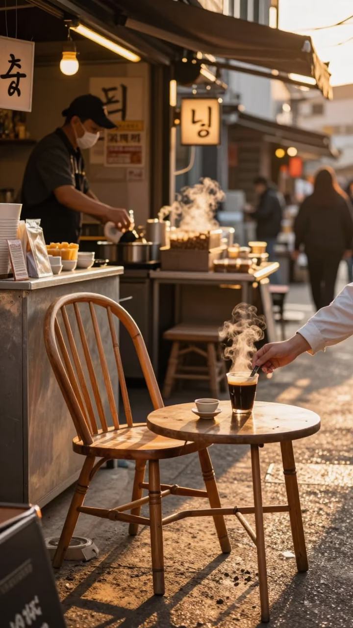 Sunset Street Food Scene in Seoul with Spindle Chair and Coffee Mugs in in Seoul, South Korea