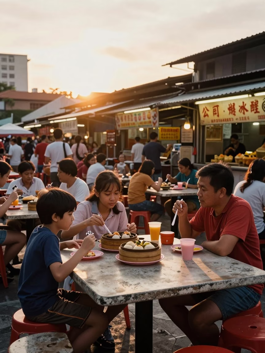 Sunset Street Food Scene in Singapore with Dim Sum and Urban Skyline in in Singapore, Singapore